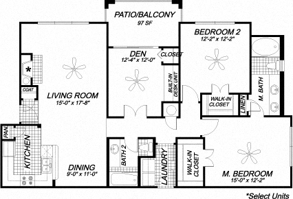 Floor plan for 2 beds, 2 baths, 1352 sqft